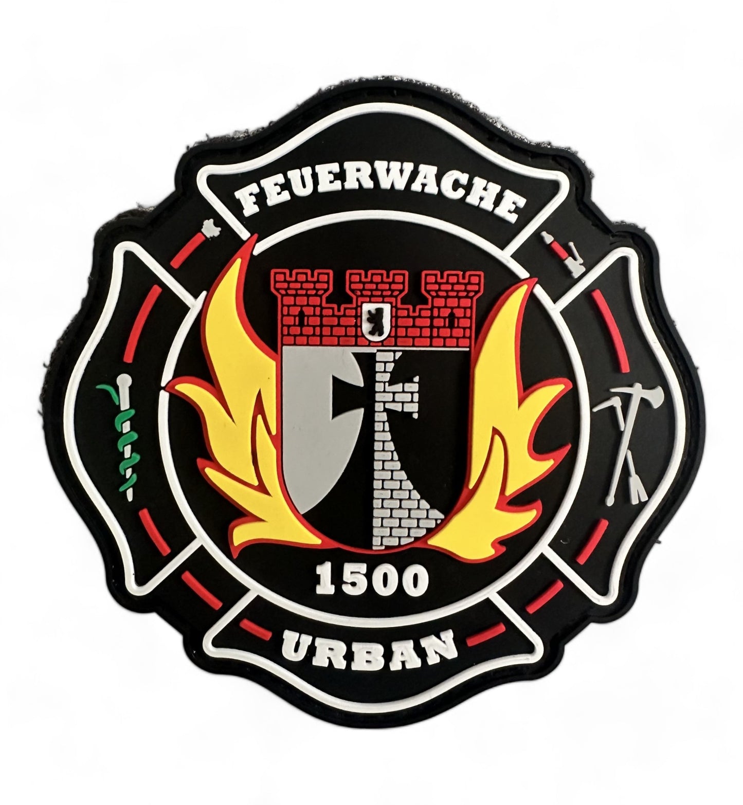 Farbiger Rubber Patch „Feuerwache Urban“ mit Wappen, Flammenmotiv und Schriftzug Urban Berliner Feuerwehr