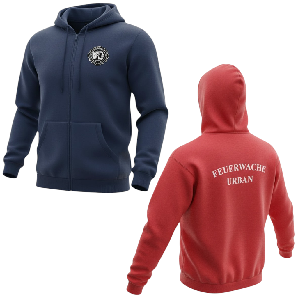 Feuerwache Urban Hoodie Sweatjacke in Dunkelblau / Navy und Rot mit Brustlogo und Rückenschriftzug Berliner Feuerwehr, Wachwappen / Patch
