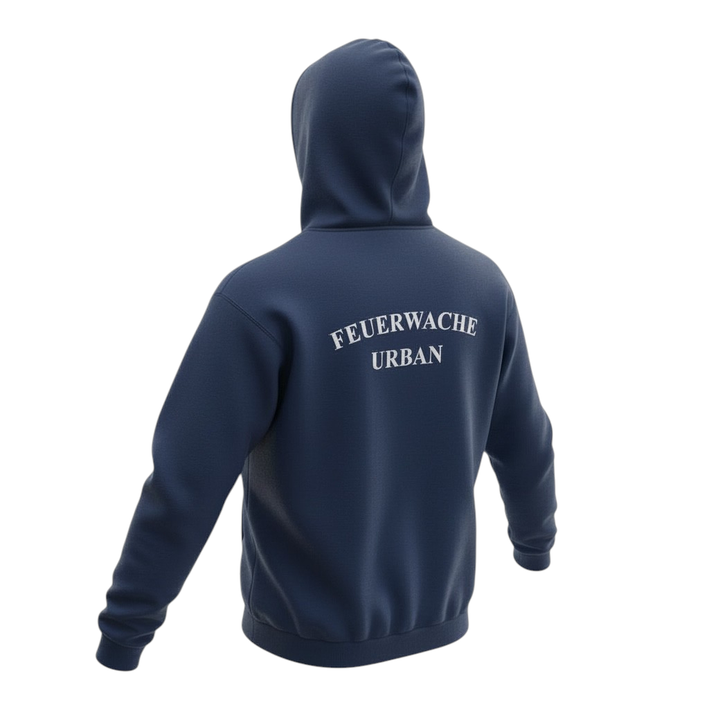 Feuerwache Urban Hoodie Sweatjacke in Dunkelblau / Navy mit Brustlogo und Rückenschriftzug Berliner Feuerwehr, Wachwappen / Patch / Rücken