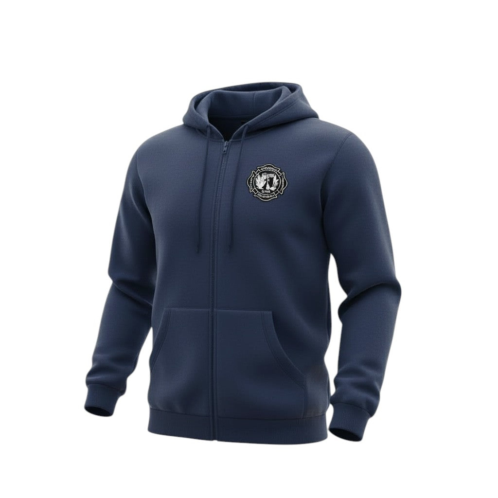 Feuerwache Urban Hoodie Sweatjacke in Dunkelblau / Navy mit Brustlogo und Rückenschriftzug Berliner Feuerwehr, Wachwappen / Patch 