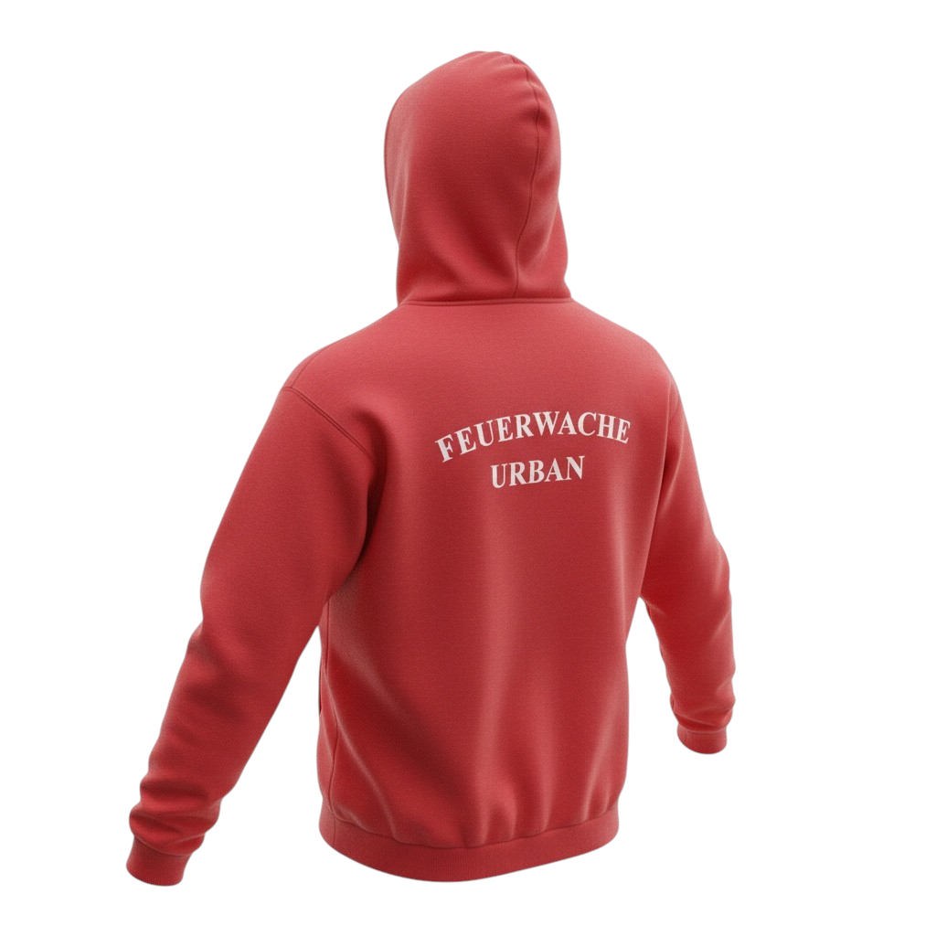 Feuerwache Urban Hoodie Sweatjacke in Rot / Red mit Brustlogo und Rückenschriftzug Berliner Feuerwehr, Wachwappen / Patch