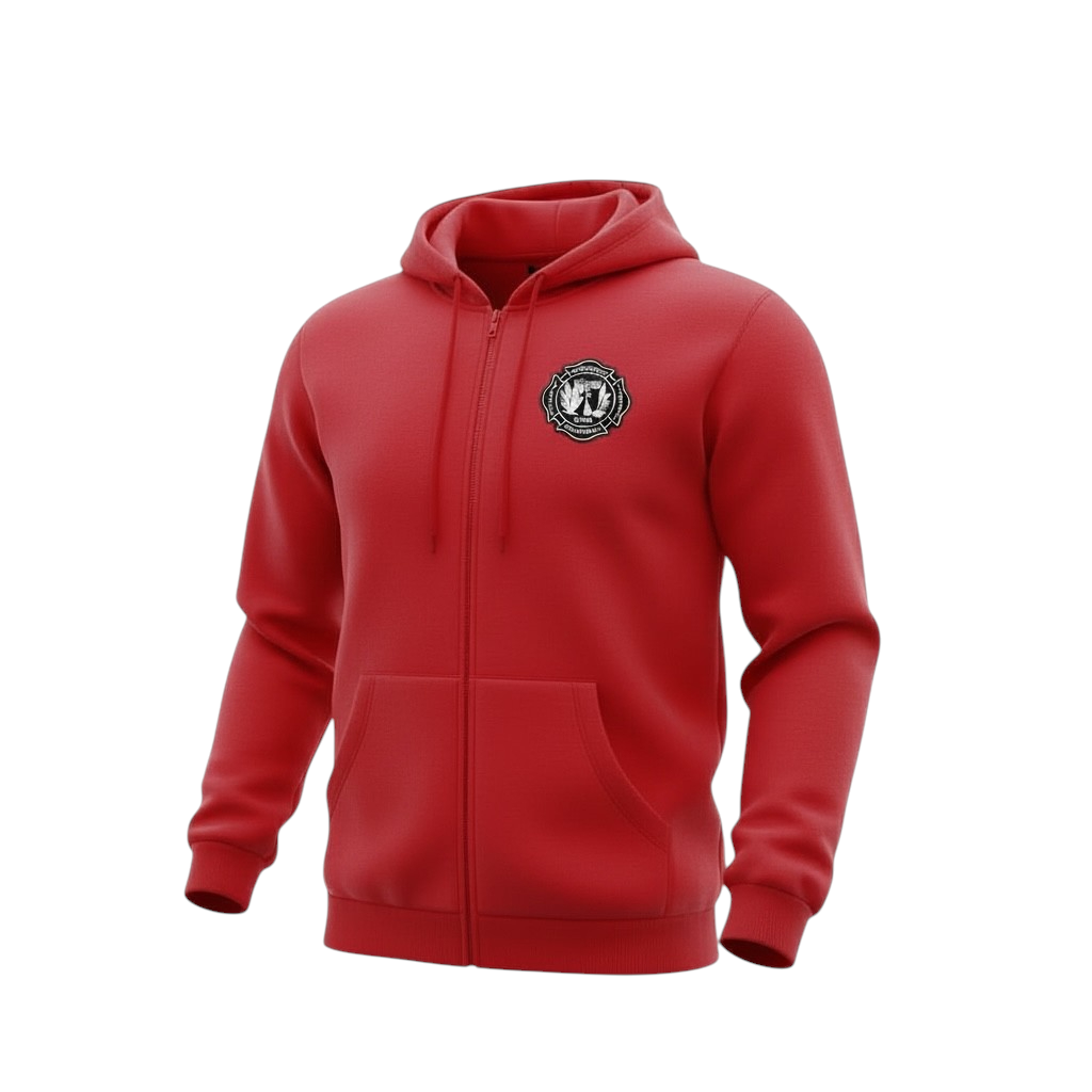 Feuerwache Urban Hoodie Sweatjacke in Rot / Red mit Brustlogo und Rückenschriftzug Berliner Feuerwehr, Wachwappen / Patch