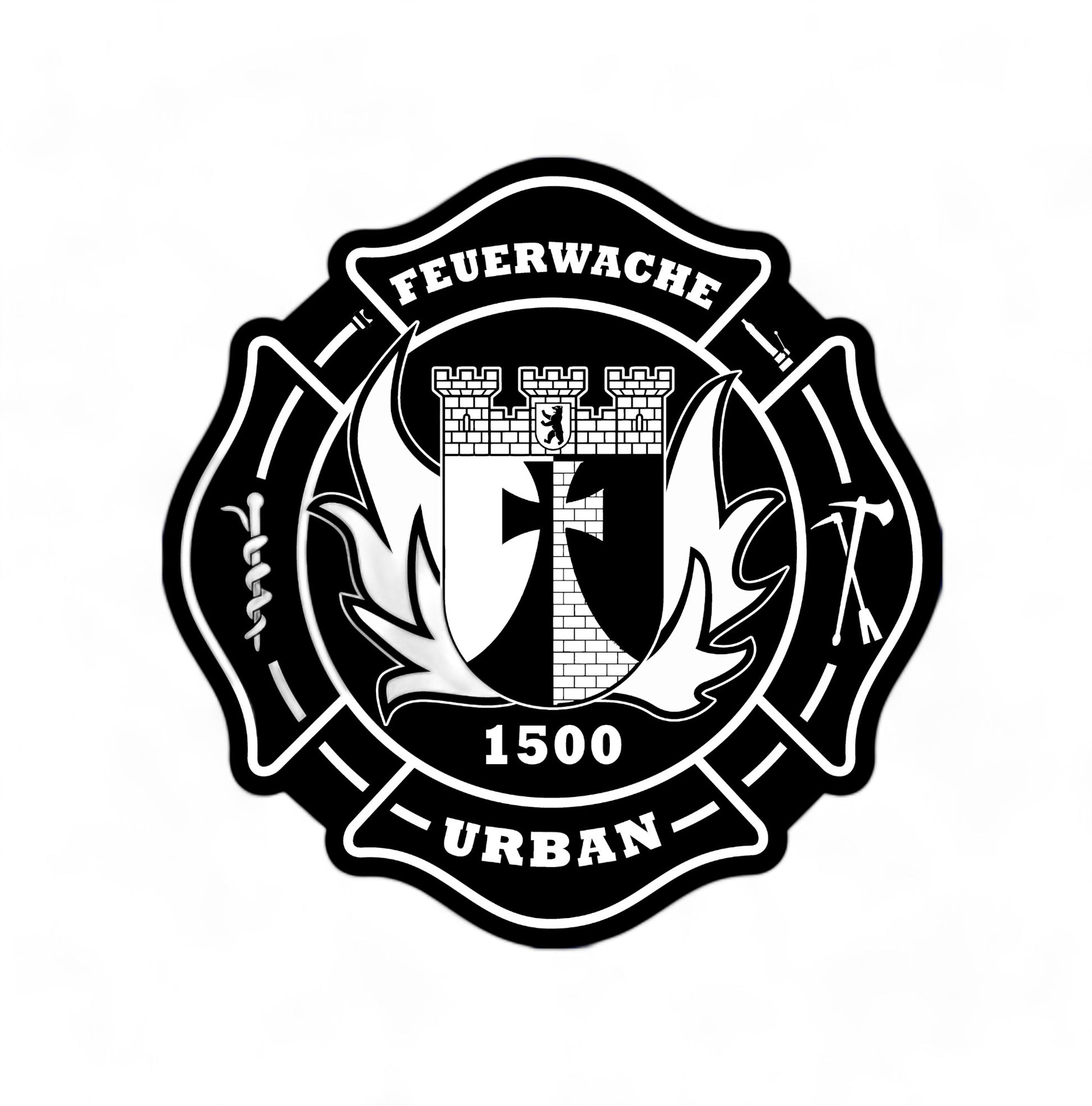 Langarm-T-Shirt Feuerwehr Urban in Dunkelblau Navy mit Brustlogo und Rückenaufdruck Berliner „Feuerwache Urban“, Wachpatch, Fan Merch, vorne Wachwappen Patchdesign Fanshop