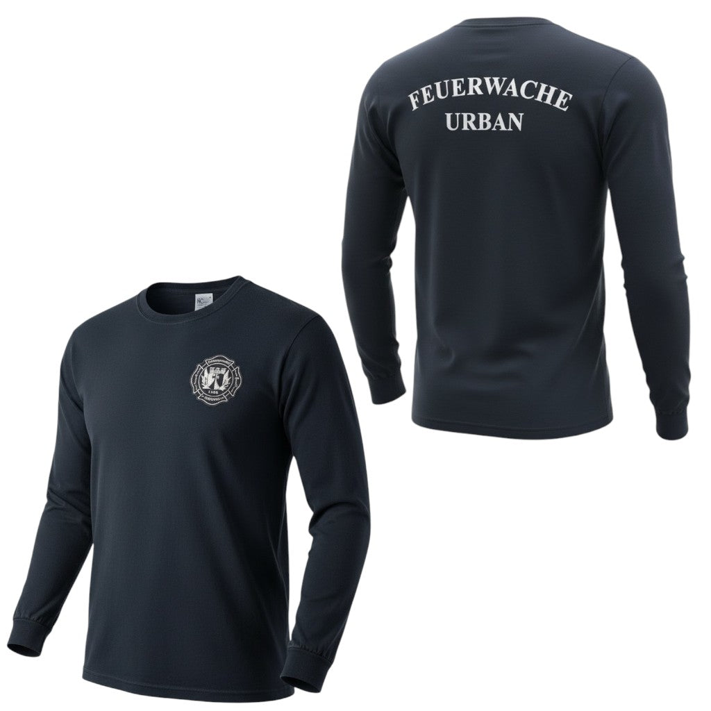 Langarm-T-Shirt Feuerwehr Urban in Dunkelblau Navy mit Brustlogo und Rückenaufdruck Berliner „Feuerwache Urban“, Wachpatch, Fan Merch