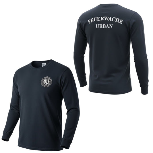 Langarm-T-Shirt Feuerwehr Urban in Dunkelblau Navy mit Brustlogo und Rückenaufdruck Berliner „Feuerwache Urban“, Wachpatch, Fan Merch