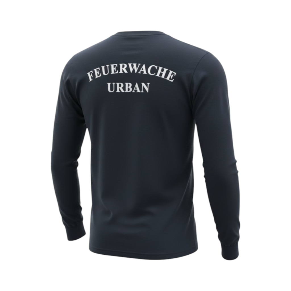 Langarm-T-Shirt Feuerwehr Urban in Dunkelblau Navy mit Brustlogo und Rückenaufdruck Berliner „Feuerwache Urban“, Wachpatch, Fan Merch, hinten