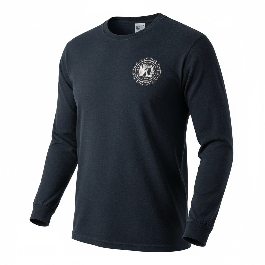 Langarm-T-Shirt Feuerwehr Urban in Dunkelblau Navy mit Brustlogo und Rückenaufdruck Berliner „Feuerwache Urban“, Wachpatch, Fan Merch, vorne