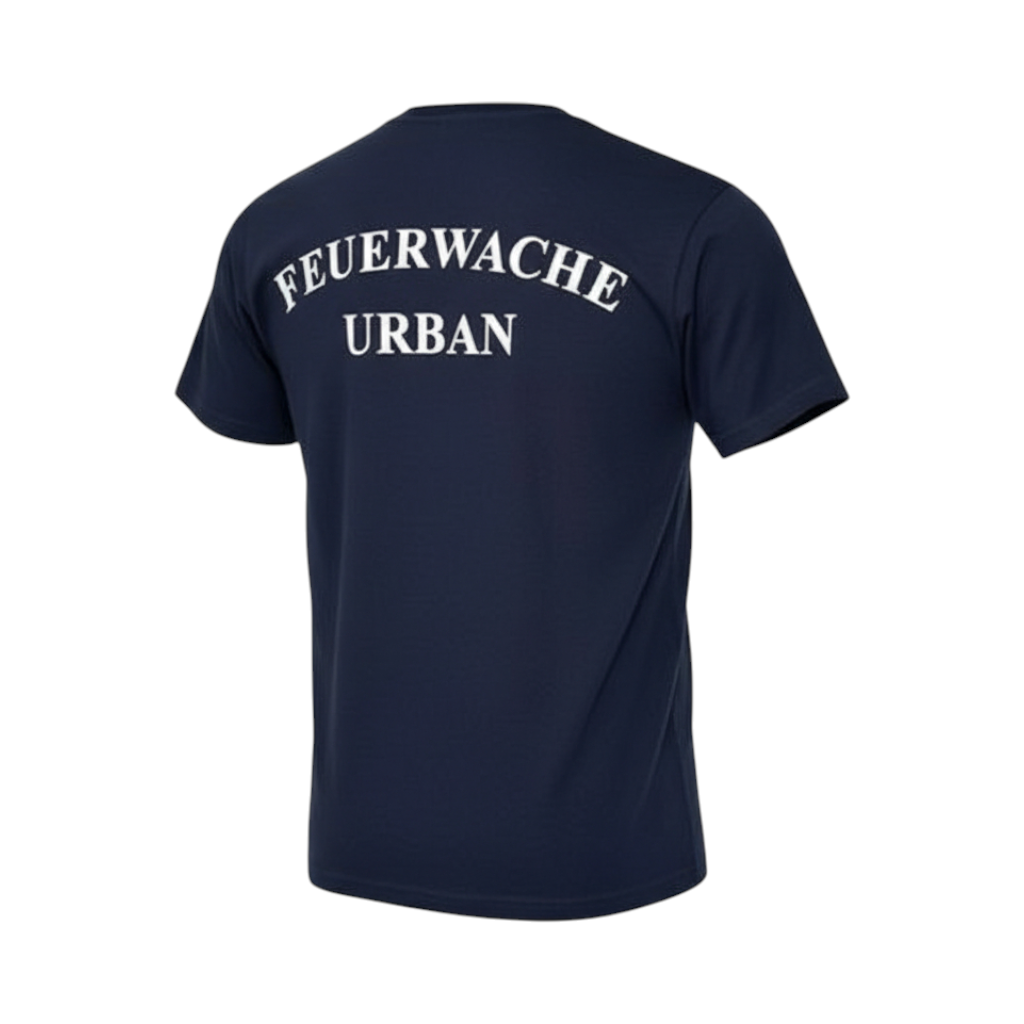 Berliner Feuerwehr T-Shirt Feuerwache Urban mit Brustlogo und Rückenprint Wachwappen vorne / Wachpatch / hinten Schriftzug eigene Wache