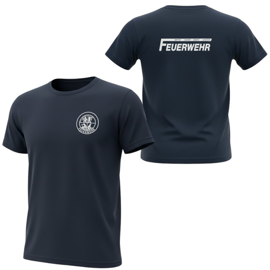 Feuerwehr T-Shirt in Dunkelblau / Navy mit großem Schriftzug „FEUERWEHR“ auf der Brust Emblem Retten Löschen Bergen Schützen