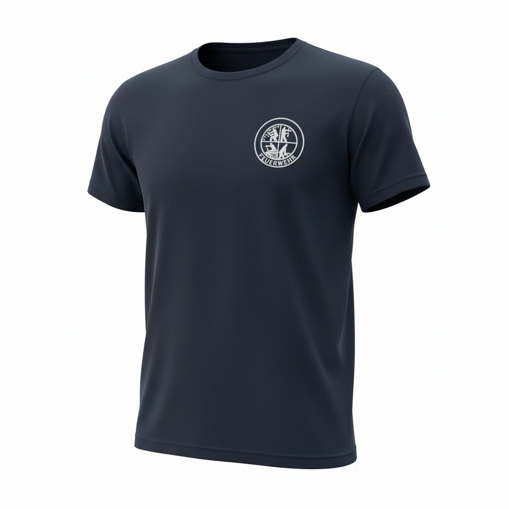 Feuerwehr T-Shirt in Dunkelblau / Navy mit großem Schriftzug „FEUERWEHR“ auf der Brust Emblem Retten Löschen Bergen Schützen Brustlogo Ansicht