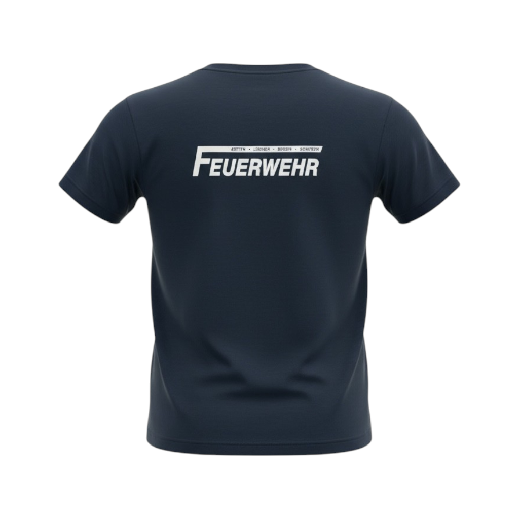 Feuerwehr T-Shirt in Dunkelblau / Navy mit großem Schriftzug „FEUERWEHR“ auf der Brust Emblem Retten Löschen Bergen Schützen Rücken