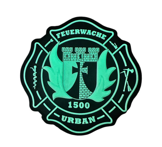 Feuerwache Urban Wachwappen Patch Berliner Feuerwehr Logo Berliner Bär Nachtleuchtender Rubber Patch Feuerwache Urban – grüner Glow-in-the-Dark Wachpatch mit Klett, PVC, ca. 9 cm Durchmesser