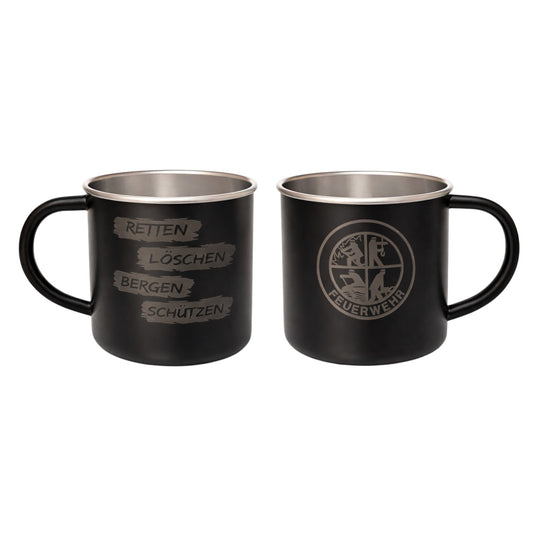 Blaulichtshop-Berlin Edelstahl-Becher in Mattschwarz mit Feuerwehr-Leitsprüchen und Emblem, 300 ml, bruchsicher