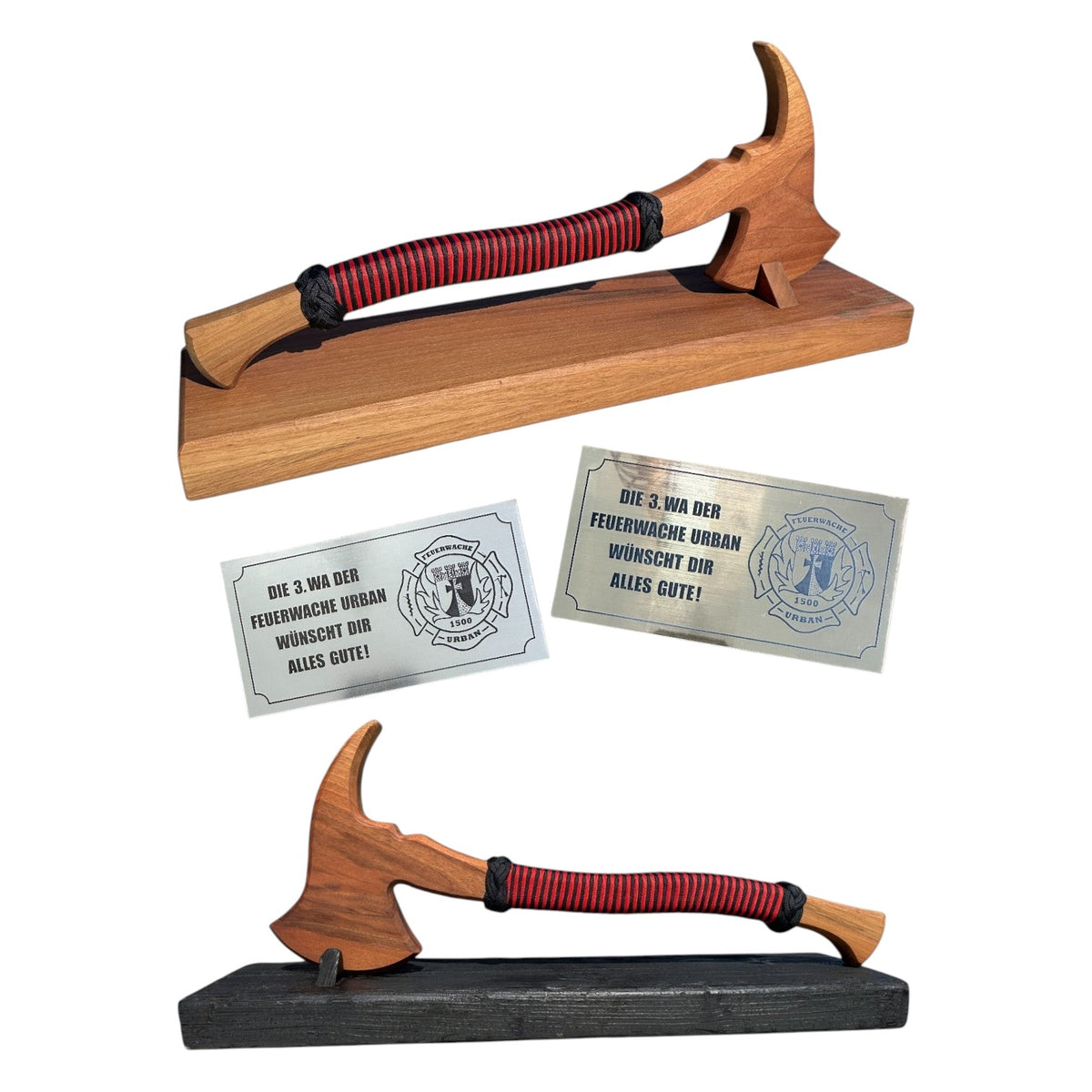 Blaulichtshop-Berlin handgefertigte Feuerwehraxt aus Nussbaumholz mit Paracord-Griff und personalisierbarem Gravurschild