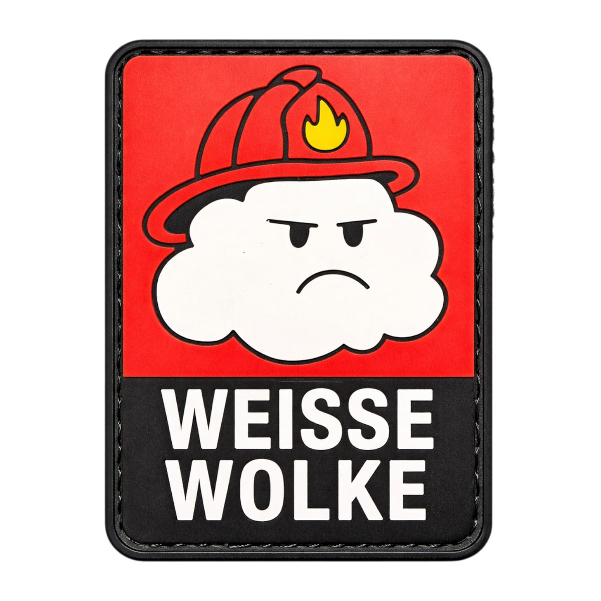 Blaulichtshop-Berlin Rubber Patch Weisse Wolke mit Feuerwehrmann-Helm auf rotem und schwarzem PVC-Hintergrund